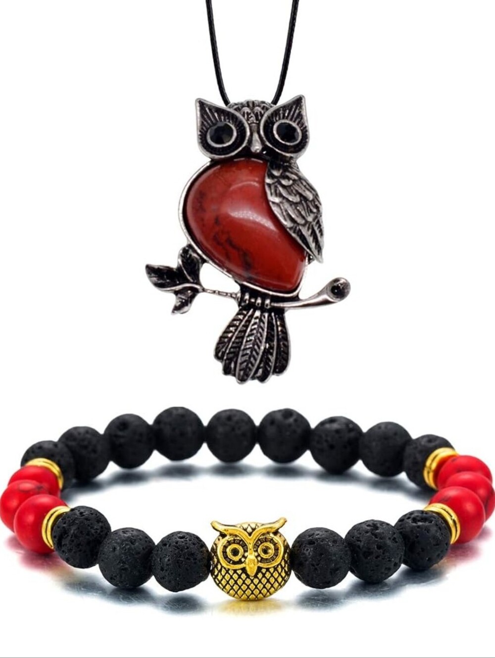 Owl Charm Red Stone Pendant Necklace and Black Lava Bead Bracelet Set
